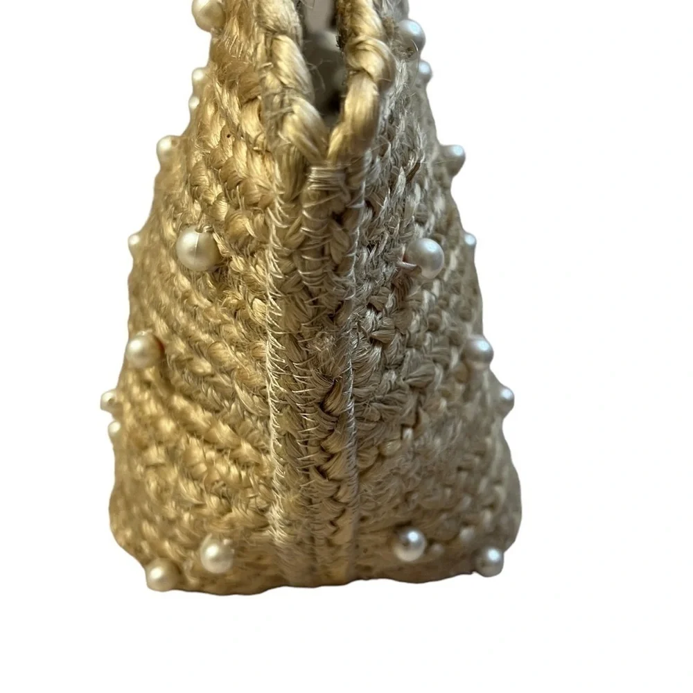 SHIRALEAH Chicago 100% Jute Wood Handles Pearl Accent Dominica Mini Tote